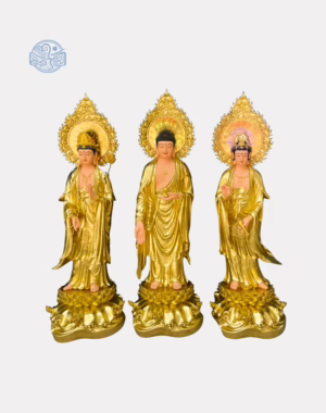Bộ tượng Tây Phương Tam Thánh đứng có lá đề cao 105cm dát vàng composite